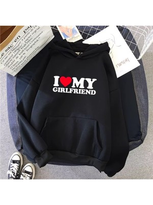 Touz Moda I Love My Boyfriend & Girlfriend Baskılı Beyaz Kapşonlu Sweatshirt Hoodie