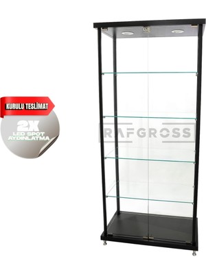 Camlı Vitrin Dolabı 40X80X175 cm – Spot Aydınlatmalı Kilitli Cam Gümüşlük ve Koleksiyon Sergileme Dolabı