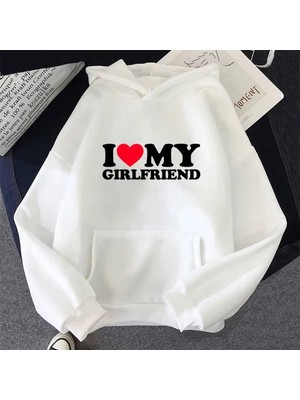 Touz Moda I Love My Boyfriend & Girlfriend Baskılı Beyaz Kapşonlu Sweatshirt Hoodie