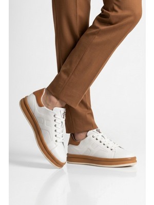 Voyager Beyaz-Taba Hakiki Deri Erkek Casual Sneaker Memory Taban Premium Casual Ayakkabı M030 M