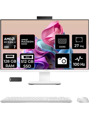 Asus Expertcenter P600 Ryzen Aı 7 350 128GB Ram 512GB SSD 27" Full Hd (1920X1080) Freedos PM670KAP356 Beyaz Aı-Powered All In One Bilgisayar + Per4 USB Bellek