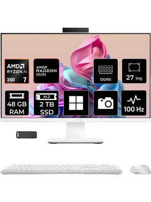 Asus Expertcenter P600 Ryzen Aı 7 350 48GB Ram 2tb SSD 27" Full Hd (1920X1080) WIN11 Pro PM670KAP334 Beyaz Aı-Powered All In One Bilgisayar + Per4 USB Bellek