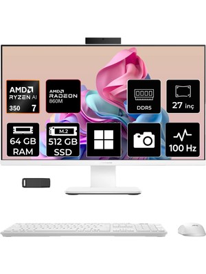 Asus Expertcenter P600 Ryzen Aı 7 350 64GB Ram 512GB SSD 27" Full Hd (1920X1080) WIN11 Home PM670KAP338 Beyaz Aı-Powered All In One Bilgisayar + Per4 USB Bellek