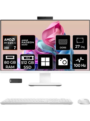 Asus Expertcenter P600 Ryzen Aı 7 350 80GB Ram 512GB SSD 27" Full Hd (1920X1080) WIN11 Pro PM670KAP344 Beyaz Aı-Powered All In One Bilgisayar + Per4 USB Bellek