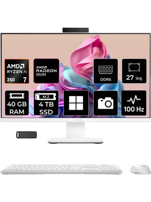 Asus Expertcenter P600 Ryzen Aı 7 350 40GB Ram 4tb SSD 27" Full Hd (1920X1080) WIN11 Home PM670KAP329 Beyaz Aı-Powered All In One Bilgisayar + Per4 USB Bellek