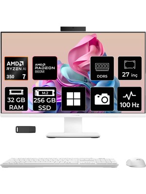Asus Expertcenter P600 Ryzen Aı 7 350 32GB Ram 256GB SSD 27" Full Hd (1920X1080) WIN11 Home PM670KAP319 Beyaz Aı-Powered All In One Bilgisayar + Per4 USB Bellek