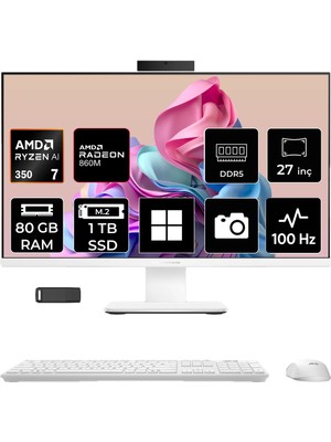 Asus Expertcenter P600 Ryzen Aı 7 350 80GB Ram 1tb SSD 27" Full Hd (1920X1080) WIN11 Home PM670KAP345 Beyaz Aı-Powered All In One Bilgisayar + Per4 USB Bellek