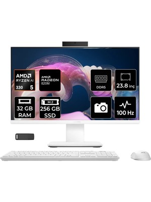 Asus Expertcenter P600 Ryzen Aı 5 330 32GB Ram 256GB SSD 23.8" Full Hd (1920X1080) Freedos PM640KAP319 Beyaz Aı-Powered All In One Bilgisayar + Per4 USB Bellek