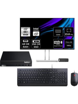 Lenovo Thinkcentre M70Q Gen 5 Intel Core I7-14700T 48GB Ram 256GB SSD 23.8" Full Hd Monitör Freedos 12TESH46TXP526 Mini Masaüstü Bilgisayar + Per4 USB Bellek