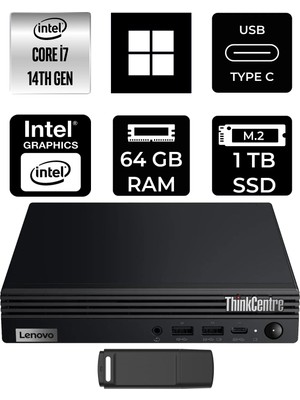 Lenovo Thinkcentre M70Q Gen 5 Intel Core I7-14700T 64GB Ram 1tb SSD WIN11 Pro 12TESH46TXP433 Mini Masaüstü Bilgisayar + Per4 USB Bellek