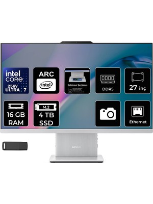 Lenovo Ideacentre 27ILL11 Intel Core Ultra 7 256V 16GB Ram 4tb SSD 27" Full Hd (1920X1080) Freedos F0JW0010TRP311 Beyaz Aı-Powered All In One Bilgisayar + Per4 USB Bellek