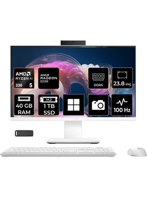 Asus Expertcenter P600 Ryzen Aı 5 330 40GB Ram 1tb SSD 23.8" Full Hd (1920X1080) WIN11 Home PM640KAP327 Beyaz Aı-Powered All In One Bilgisayar + Per4 USB Bellek