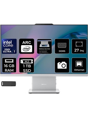 Lenovo Ideacentre 27ILL11 Intel Core Ultra 7 256V 16GB Ram 1tb SSD 27" Full Hd (1920X1080) Freedos F0JW0010TRP309 Beyaz Aı-Powered All In One Bilgisayar + Per4 USB Bellek