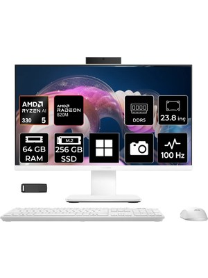 Asus Expertcenter P600 Ryzen Aı 5 330 64GB Ram 256GB SSD 23.8" Full Hd (1920X1080) WIN11 Pro PM640KAP337 Beyaz Aı-Powered All In One Bilgisayar + Per4 USB Bellek