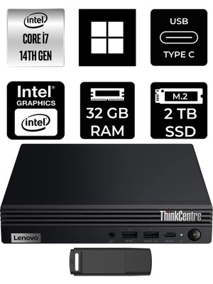 Lenovo Thinkcentre M70Q Gen 5 Intel Core I7-14700T 32GB Ram 2tb SSD WIN11 Home 12TESH46TXP369 Mini Masaüstü Bilgisayar + Per4 USB Bellek