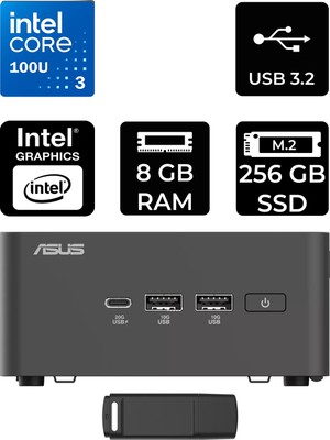 Asus Nuc 15 Pro Tall Intel Core 3-100U 8gb Ram 256GB SSD Freedos RNUC15CRHI300002P301 Mini Masaüstü Bilgisayar + Per4 USB Bellek