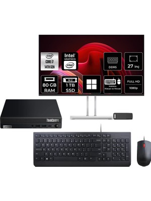 Lenovo Thinkcentre M70Q Gen 5 Intel Core I7-14700T 80GB Ram 1tb SSD 27" Full Hd Monitör WIN11 Home 12TESH46TXP788 Mini Masaüstü Bilgisayar + Per4 USB Bellek