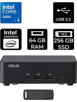 Asus NUC14 Pro Slim Kit Intel Core 3-100U 64GB Ram 256GB SSD Freedos RNUC14RVKI300002IP331 Mini Masaüstü Bilgisayar + Per4 USB Bellek