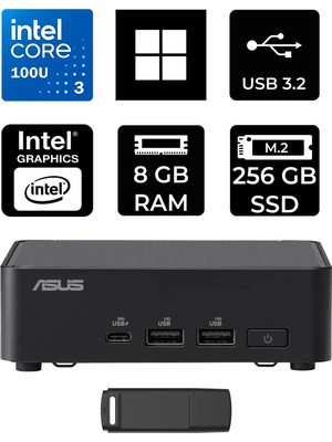 Asus NUC14 Pro Slim Kit Intel Core 3-100U 8gb Ram 256GB SSD WIN11 Pro RNUC14RVKI300002IP401 Mini Masaüstü Bilgisayar + Per4 USB Bellek