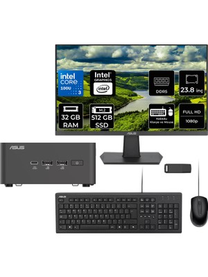Asus Nuc 15 Pro Tall Intel Core 3-100U 32GB Ram 512GB SSD 23.8" Full Hd Monitör Freedos RNUC15CRHI300002P517 Mini Masaüstü Bilgisayar + Per4 USB Bellek