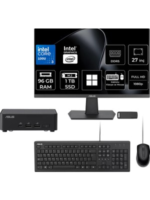 Asus NUC14 Pro Slim Kit Intel Core 3-100U 96GB Ram 1tb SSD 27" Full Hd Monitör WIN11 Pro RNUC14RVKI300002IP843 Mini Masaüstü Bilgisayar + Per4 USB Bellek