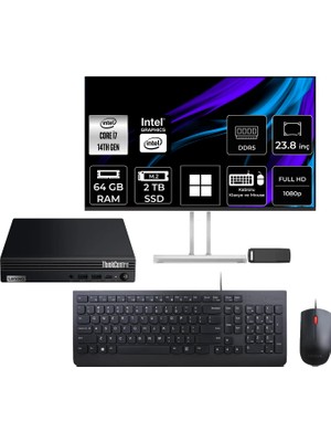Lenovo Thinkcentre M70Q Gen 5 Intel Core I7-14700T 64GB Ram 2tb SSD 23.8" Full Hd Monitör WIN11 Home 12TESH46TXP584 Mini Masaüstü Bilgisayar + Per4 USB Bellek