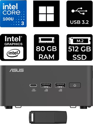 Asus Nuc 15 Pro Tall Intel Core 3-100U 80GB Ram 512GB SSD WIN11 Pro RNUC15CRHI300002P437 Mini Masaüstü Bilgisayar + Per4 USB Bellek
