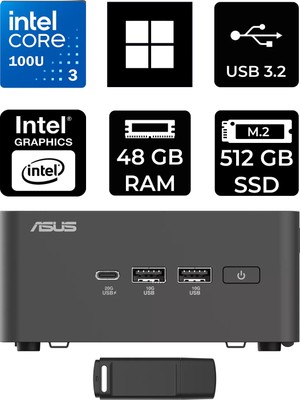Asus Nuc 15 Pro Tall Intel Core 3-100U 48GB Ram 512GB SSD WIN11 Home RNUC15CRHI300002P377 Mini Masaüstü Bilgisayar + Per4 USB Bellek