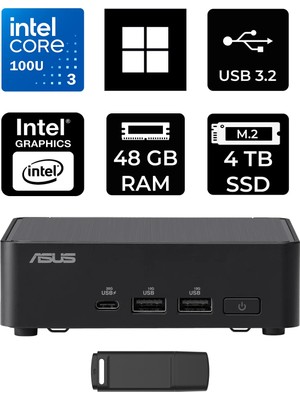 Asus NUC14 Pro Slim Kit Intel Core 3-100U 48GB Ram 4tb SSD WIN11 Pro RNUC14RVKI300002IP430 Mini Masaüstü Bilgisayar + Per4 USB Bellek