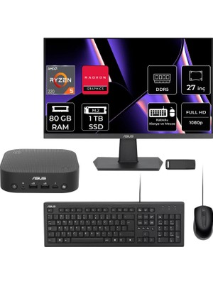 Asus Expertcenter PN54-S1 Ryzen 5 220 80GB Ram 1tb SSD 27" Full Hd Monitör Freedos PN54-BBR522MNS1P738 Mini Masaüstü Bilgisayar + Per4 USB Bellek