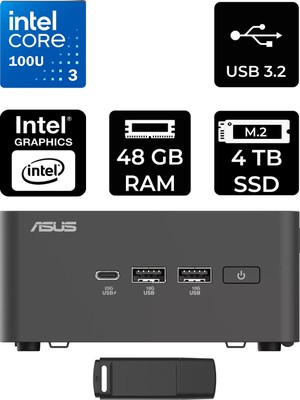 Asus Nuc 15 Pro Tall Intel Core 3-100U 48GB Ram 4tb SSD Freedos RNUC15CRHI300002P330 Mini Masaüstü Bilgisayar + Per4 USB Bellek