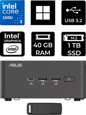 Asus Nuc 15 Pro Tall Intel Core 3-100U 40GB Ram 1tb SSD WIN11 Home RNUC15CRHI300002P373 Mini Masaüstü Bilgisayar + Per4 USB Bellek