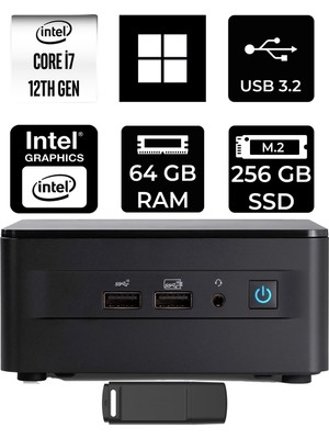 Asus Nuc 12 Pro Tall Intel Core I7-1260P 64GB Ram 256GB SSD WIN11 Home RNUC12WSHI700002IP381 Mini Masaüstü Bilgisayar + Per4 USB Bellek
