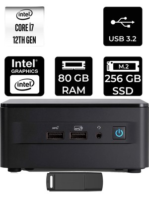 Asus Nuc 12 Pro Tall Intel Core I7-1260P 80GB Ram 256GB SSD Freedos RNUC12WSHI700002IP336 Mini Masaüstü Bilgisayar + Per4 USB Bellek