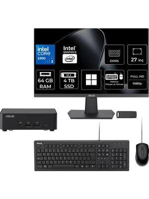 Asus NUC14 Pro Slim Kit Intel Core 3-100U 64GB Ram 4tb SSD 27" Full Hd Monitör WIN11 Pro RNUC14RVKI300002IP835 Mini Masaüstü Bilgisayar + Per4 USB Bellek