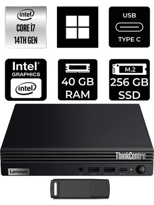 Lenovo Thinkcentre M70Q Gen 5 Intel Core I7-14700T 40GB Ram 256GB SSD WIN11 Home 12TESH46TXP371 Mini Masaüstü Bilgisayar + Per4 USB Bellek
