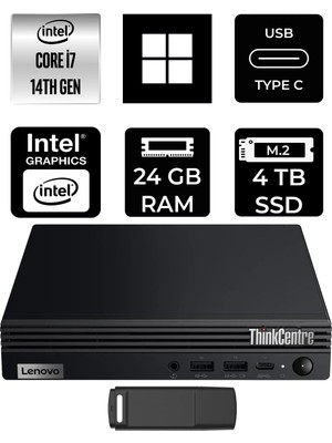 Lenovo Thinkcentre M70Q Gen 5 Intel Core I7-14700T 24GB Ram 4tb SSD WIN11 Home 12TESH46TXP365 Mini Masaüstü Bilgisayar + Per4 USB Bellek