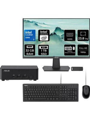 Asus NUC14 Pro Slim Kit Intel Core 3-100U 32GB Ram 2tb SSD 23.8" Full Hd Monitör Freedos RNUC14RVKI300002IP519 Mini Masaüstü Bilgisayar + Per4 USB Bellek