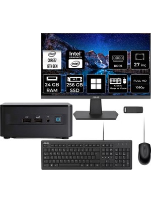 Asus Nuc 12 Pro Tall Intel Core I7-1260P 24GB Ram 256GB SSD 27" Full Hd Monitör WIN11 Home RNUC12WSHI700002IP761 Mini Masaüstü Bilgisayar + Per4 USB Bellek