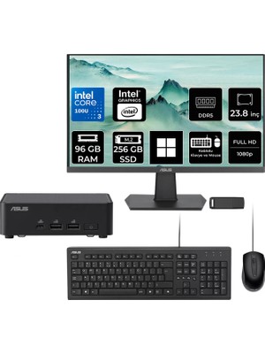 Asus NUC14 Pro Slim Kit Intel Core 3-100U 96GB Ram 256GB SSD 23.8" Full Hd Monitör WIN11 Home RNUC14RVKI300002IP591 Mini Masaüstü Bilgisayar + Per4 USB Bellek