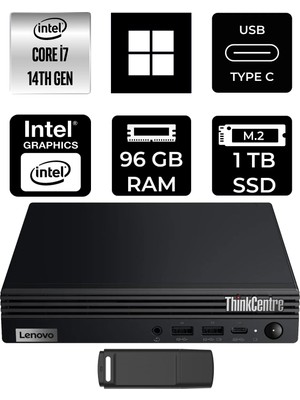 Lenovo Thinkcentre M70Q Gen 5 Intel Core I7-14700T 96GB Ram 1tb SSD WIN11 Pro 12TESH46TXP443 Mini Masaüstü Bilgisayar + Per4 USB Bellek
