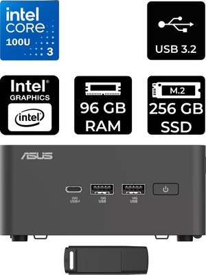 Asus Nuc 15 Pro Tall Intel Core 3-100U 96GB Ram 256GB SSD Freedos RNUC15CRHI300002P341 Mini Masaüstü Bilgisayar + Per4 USB Bellek