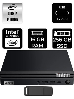 Lenovo Thinkcentre M70Q Gen 5 Intel Core I7-14700T 16GB Ram 256GB SSD Freedos 12TESH46TXP306 Mini Masaüstü Bilgisayar + Per4 USB Bellek