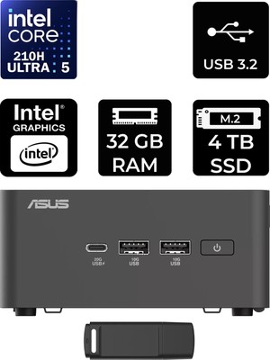 Asus Nuc 15 Pro Tall Intel Core 5-210H 32GB Ram 4tb SSD Freedos RNUC15CRHC500002P320 Mini Masaüstü Bilgisayar + Per4 USB Bellek