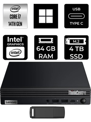 Lenovo Thinkcentre M70Q Gen 5 Intel Core I7-14700T 64GB Ram 4tb SSD WIN11 Home 12TESH46TXP385 Mini Masaüstü Bilgisayar + Per4 USB Bellek