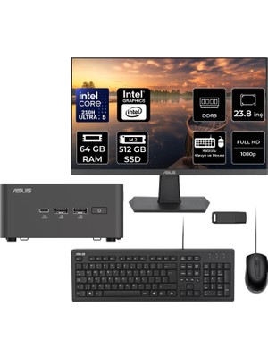 Asus Nuc 15 Pro Tall Intel Core 5-210H 64GB Ram 512GB SSD 23.8" Full Hd Monitör Freedos RNUC15CRHC500002P532 Mini Masaüstü Bilgisayar + Per4 USB Bellek