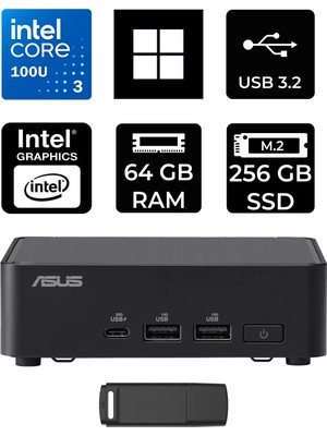 Asus NUC14 Pro Slim Kit Intel Core 3-100U 64GB Ram 256GB SSD WIN11 Home RNUC14RVKI300002IP381 Mini Masaüstü Bilgisayar + Per4 USB Bellek