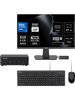 Asus NUC14 Pro Slim Kit Intel Core 3-100U 8gb Ram 512GB SSD 27" Full Hd Monitör Freedos RNUC14RVKI300002IP702 Mini Masaüstü Bilgisayar + Per4 USB Bellek