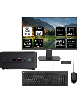 Asus Nuc 12 Pro Tall Intel Core I7-1260P 32GB Ram 2tb SSD 23.8" Full Hd Monitör Freedos RNUC12WSHI700002IP519 Mini Masaüstü Bilgisayar + Per4 USB Bellek
