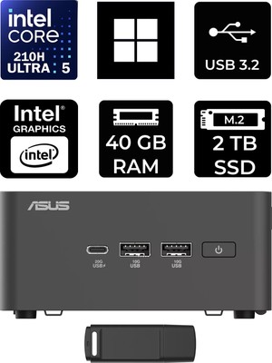 Asus Nuc 15 Pro Tall Intel Core 5-210H 40GB Ram 2tb SSD WIN11 Home RNUC15CRHC500002P374 Mini Masaüstü Bilgisayar + Per4 USB Bellek